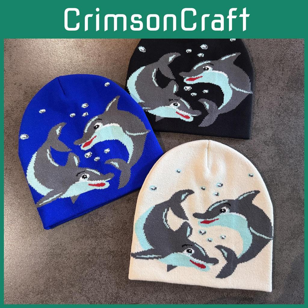 Hat Knit Acrylic With Cartoon Dolphin Embroidery Design For Daily Cold Seasons