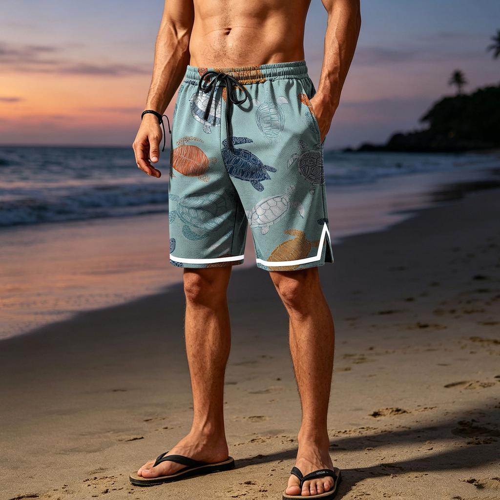 Men Mesh Breathable Casual Sports Shorts with Elastic Waistband and Drawstring Beach Style Printed Design for Summer Activities