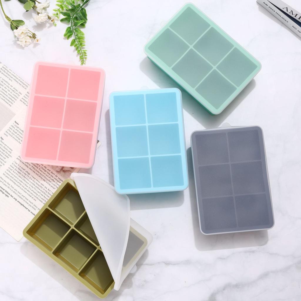 Food Grade Silicone Ice Grid Six Grid Square Ice Cube Mold with Lid Whiskey Ice Mold Dustproof and Odor-proof Ice Box