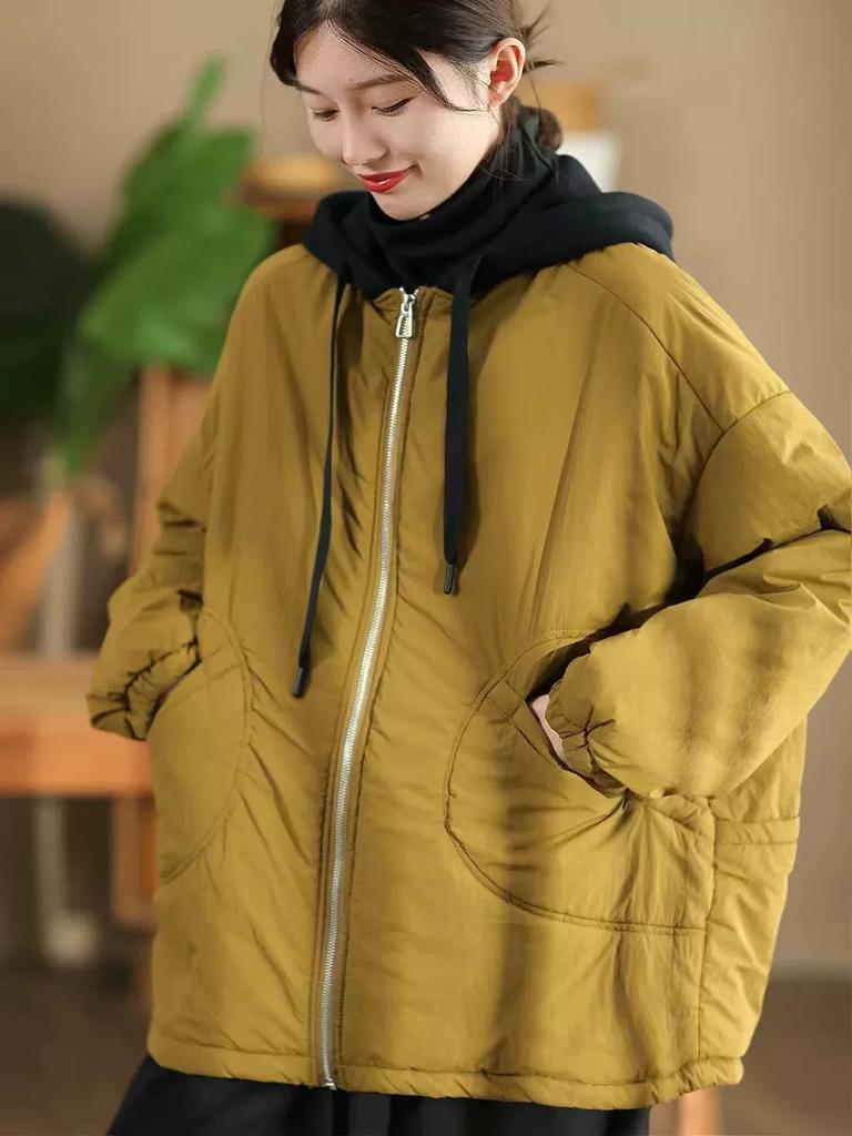Johnature Women Vintage Winter Hooded Zipper Solid Color Coats Long Sleeve Pockets Female Casual Coats