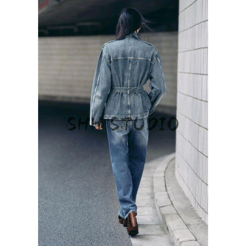 Fall New Women's Clothing Flip Collar Long Sleeve Bowknot Belt Long Denim Jacket Coat 5252271