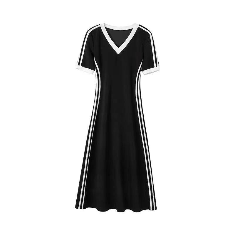 French high-end V-neck short-sleeved dress spring and summer new beautiful skirt waist long skirt