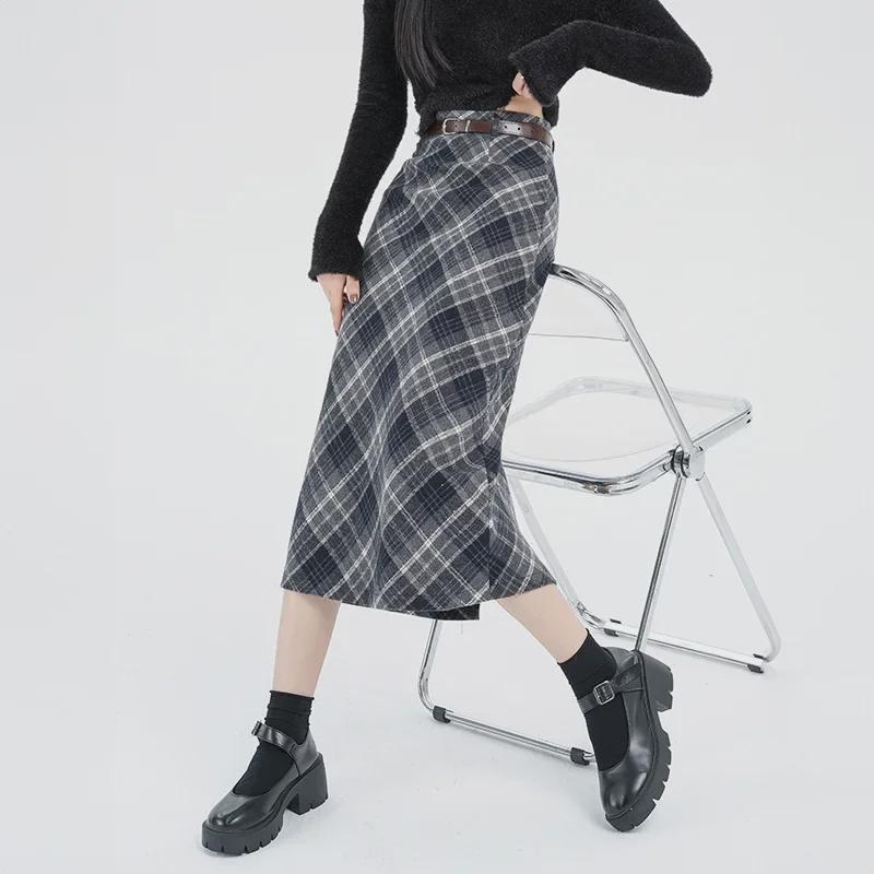 2024 Women's High Waist Woolen Plaid Midi Skirt – Autumn/Winter Korean Style, A-Line with Hip-Wrapped Slit