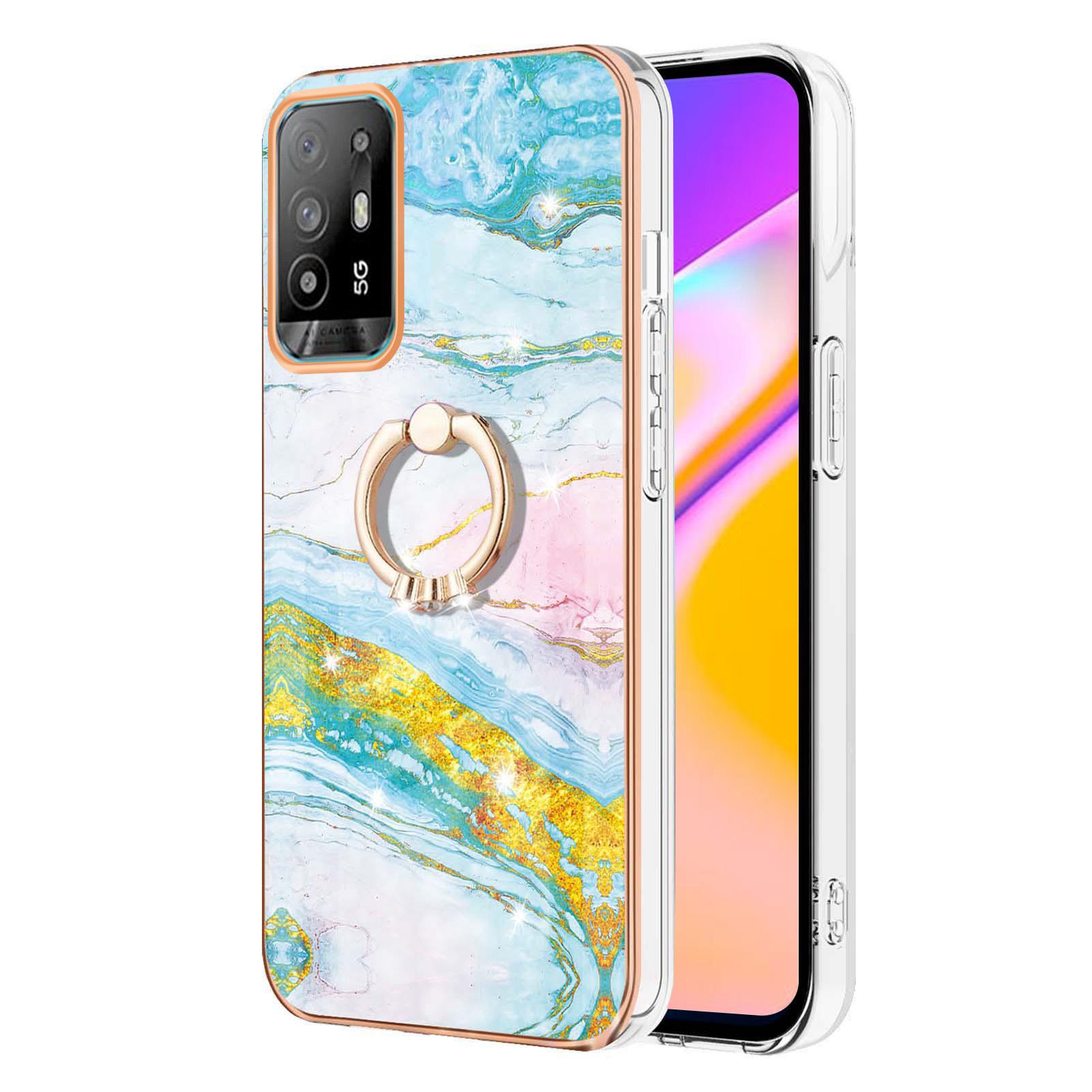

For Oppo A94 5G/A95 5G Case with Ring Kickstand Marble Pattern Electroplating TPU Back Cover Green 004