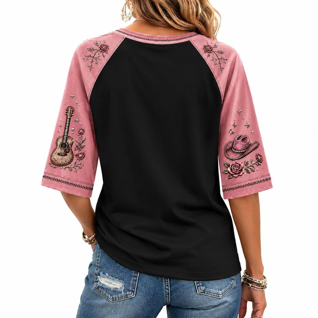 Women's V-Neck Raglan Sleeve Printed Lightweight Top for Spring and Summer