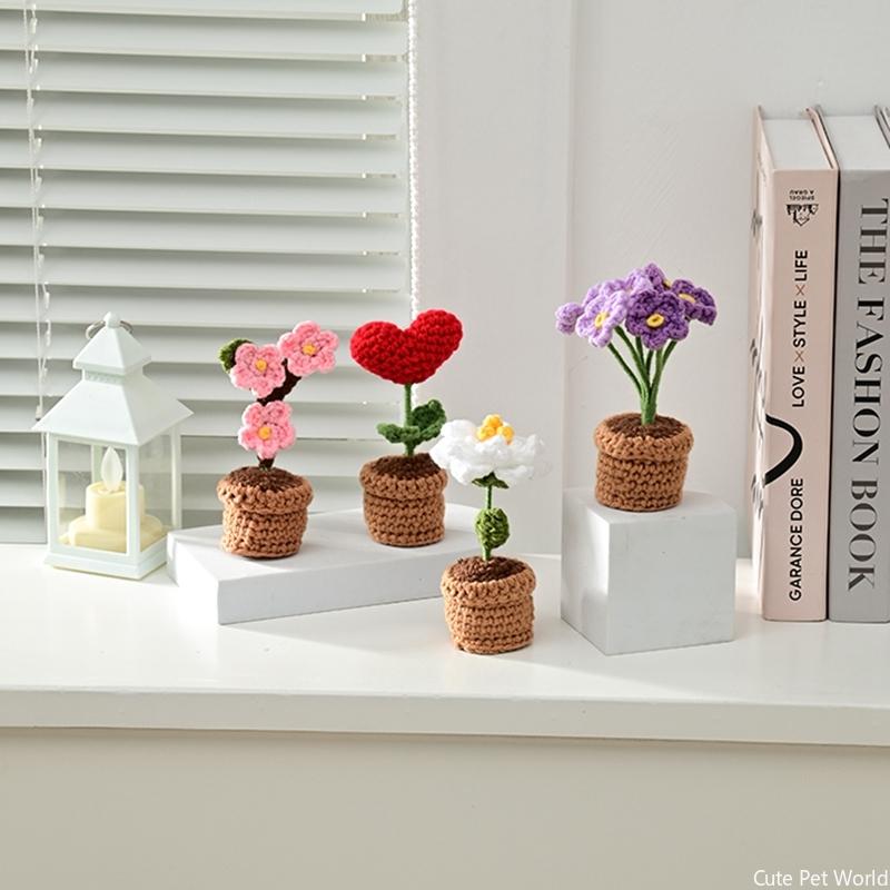 Mini Crochet Flower Potted Tulip Sunflower Plum Blossom Artificial Flower Handmade Desk Decor Day Gift Wedding Guest Gift