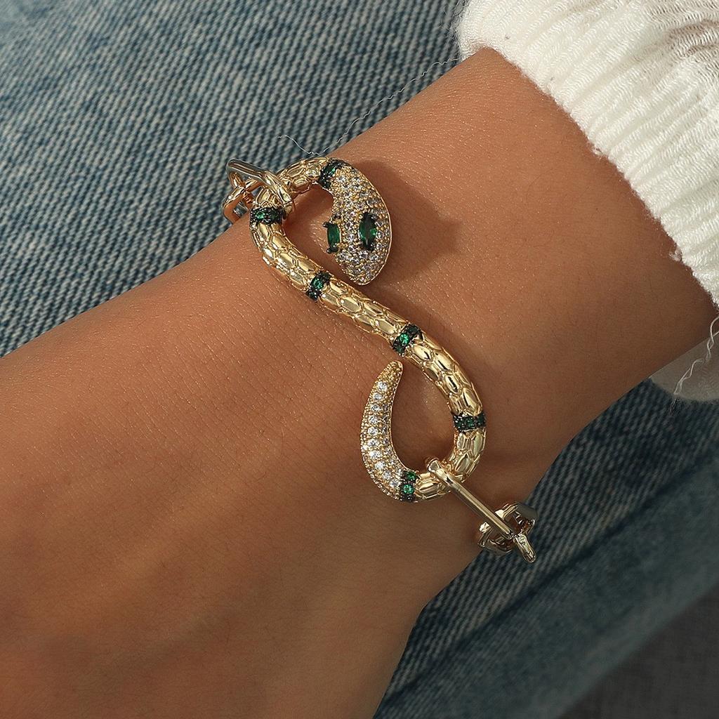 Wind 18 Karat vergoldet Mode personalisiertes Kettenarmband Damen, Retro Diamant-besetztes Smaragd Schlangenarmband