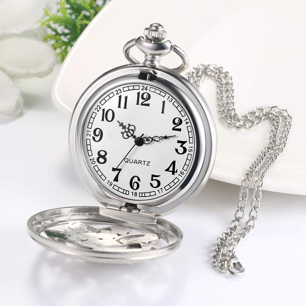 JEWELRYWE Reloj de bolsillo Sasanqua con números analógicos, resistente al agua, con caja de esqueleto, reloj de bolsillo antiguo, colgante, collar, reloj de plata, para uso diario, cosplay
