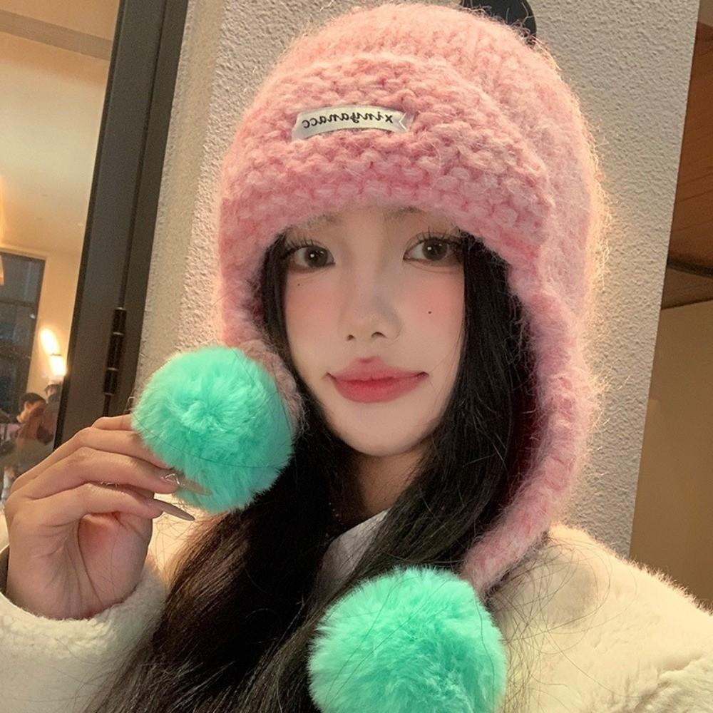 Sweet Women Knitted Cap Fluffy Pom-pom Ear Protection Caps Trendy Warm Beanie Hats  Outdoor