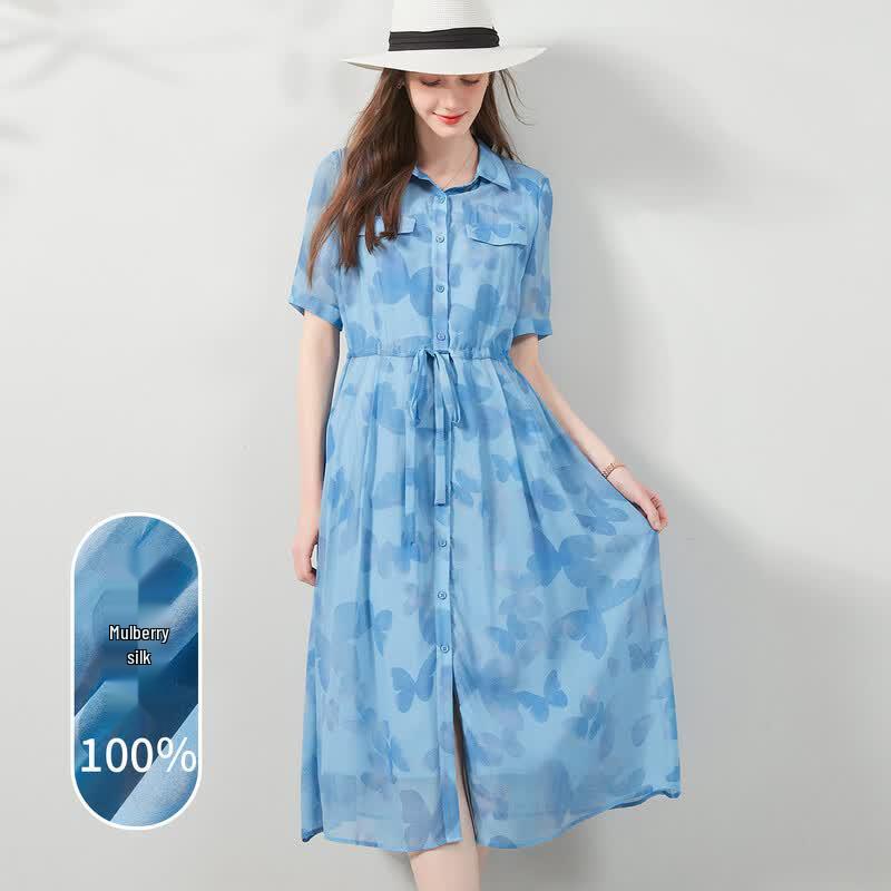 Snowforte 100% Mulberry Silk Butterfly Print Midi Dress L