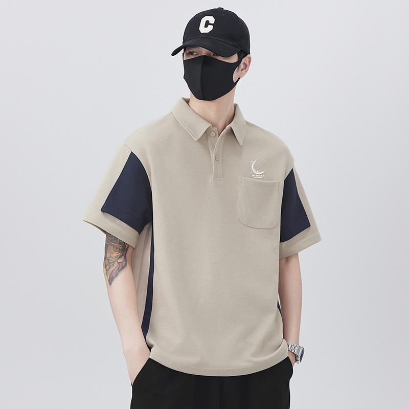Summer Mens Spring and Summer Updated Short-sleeved T-shirt Lapel POLO Top Comfortable Fit Color-blocking Body Top