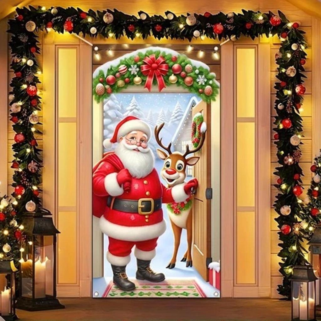 Housses de Porte de Noël Fond Mignon Housse de Porte de Fête Décorations de Noël Pour Décoration de Maison Intérieur Extérieur Salon Chambre à Coucher