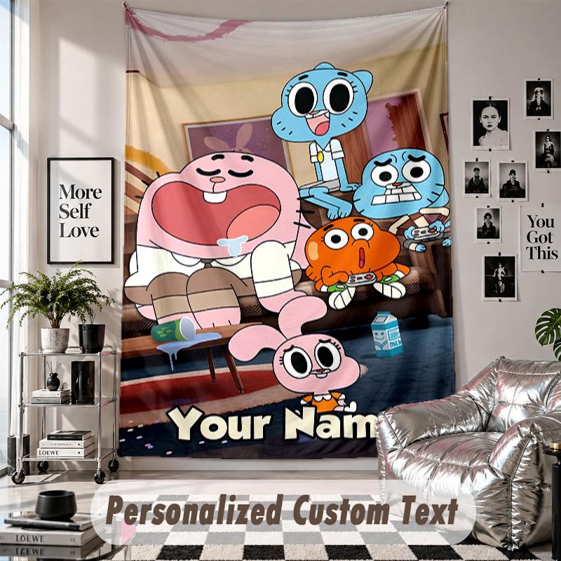 Wall Hanging Tapestry With Custom Name & Text, Amazing World of Gumball Decorative Tapestry For Bedroom