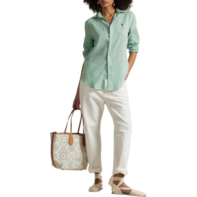 Polo Ralph Lauren Solid Color Linen Long Sleeve Shirt With Embroidered Pony Women shirts Green WMPOSHTNDO20846-330
