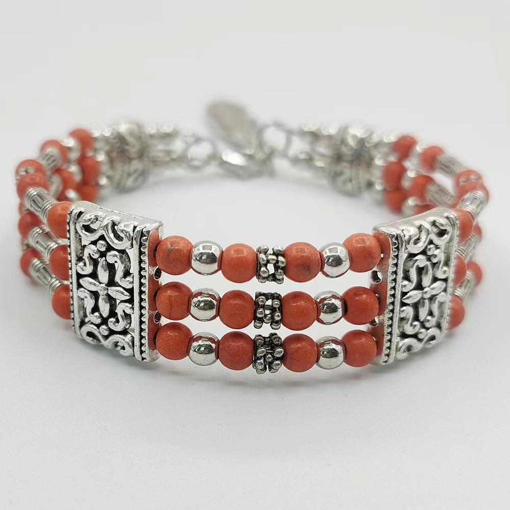 Bohemian Vintage Natural Stone Turquoises Feather Charm Bracelet For Women National Handmade Round Beads Carved Boho Bracelet