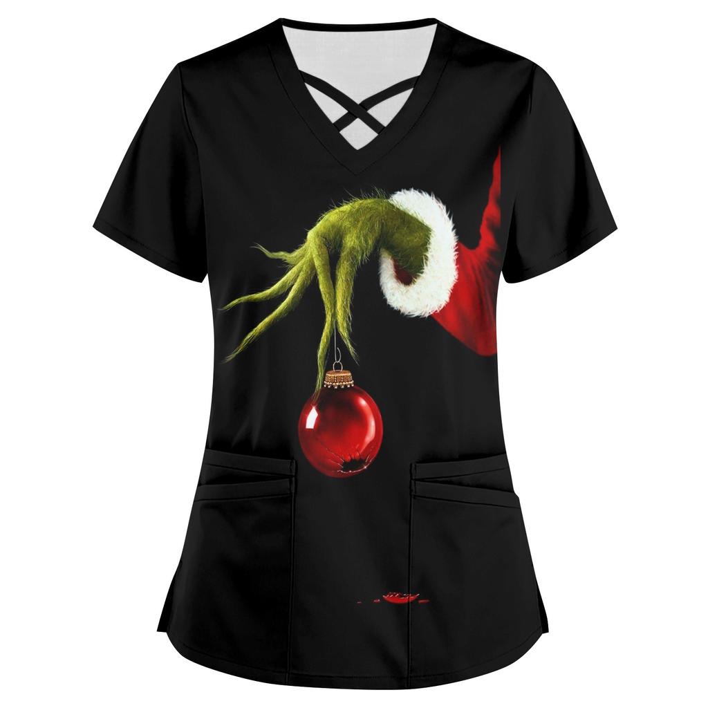 Women's Printed Work Clothes With V Neck And Double Layer Pocket Basic Tops Pullover