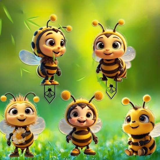 5Pcs Bee Statue 2D Bee Design Gardens Porches Bee Ornament Bright Yellow Bee Sculpture Yard Decoration