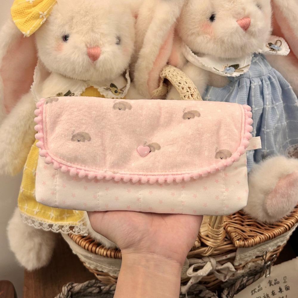 Flip Design Pencil Case Lace Ruffle Pencil Pouch Durable Stationery Pouch Students Pink Puppy