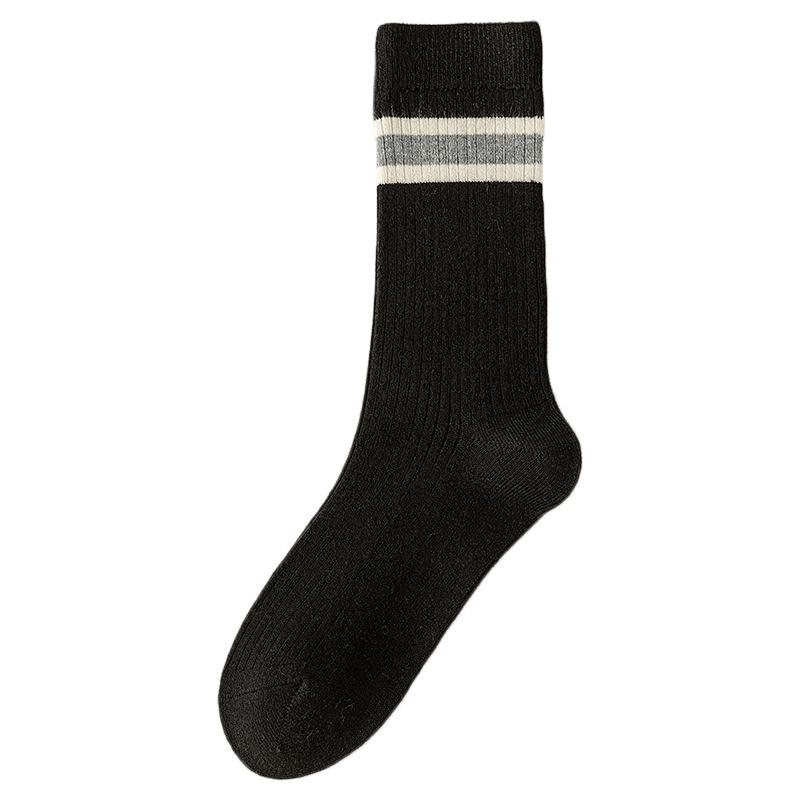 Socks Double Needle Boneless Medium Tube Socks Season Warm Wool Socks Retro Striped Versatile Pile Socks Women'S