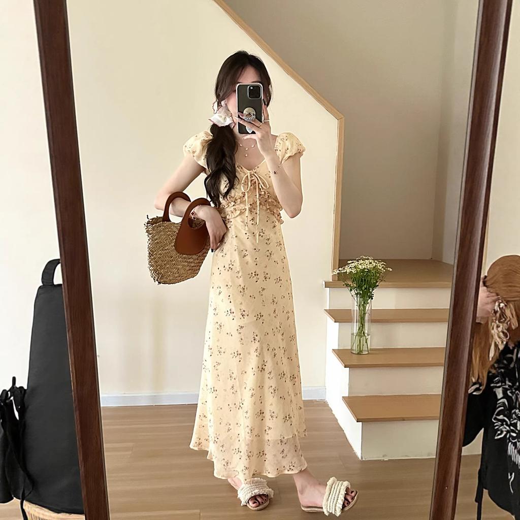 French beautiful V-neck floral dress women's summer new holiday style temperament waist long dress tea break dress