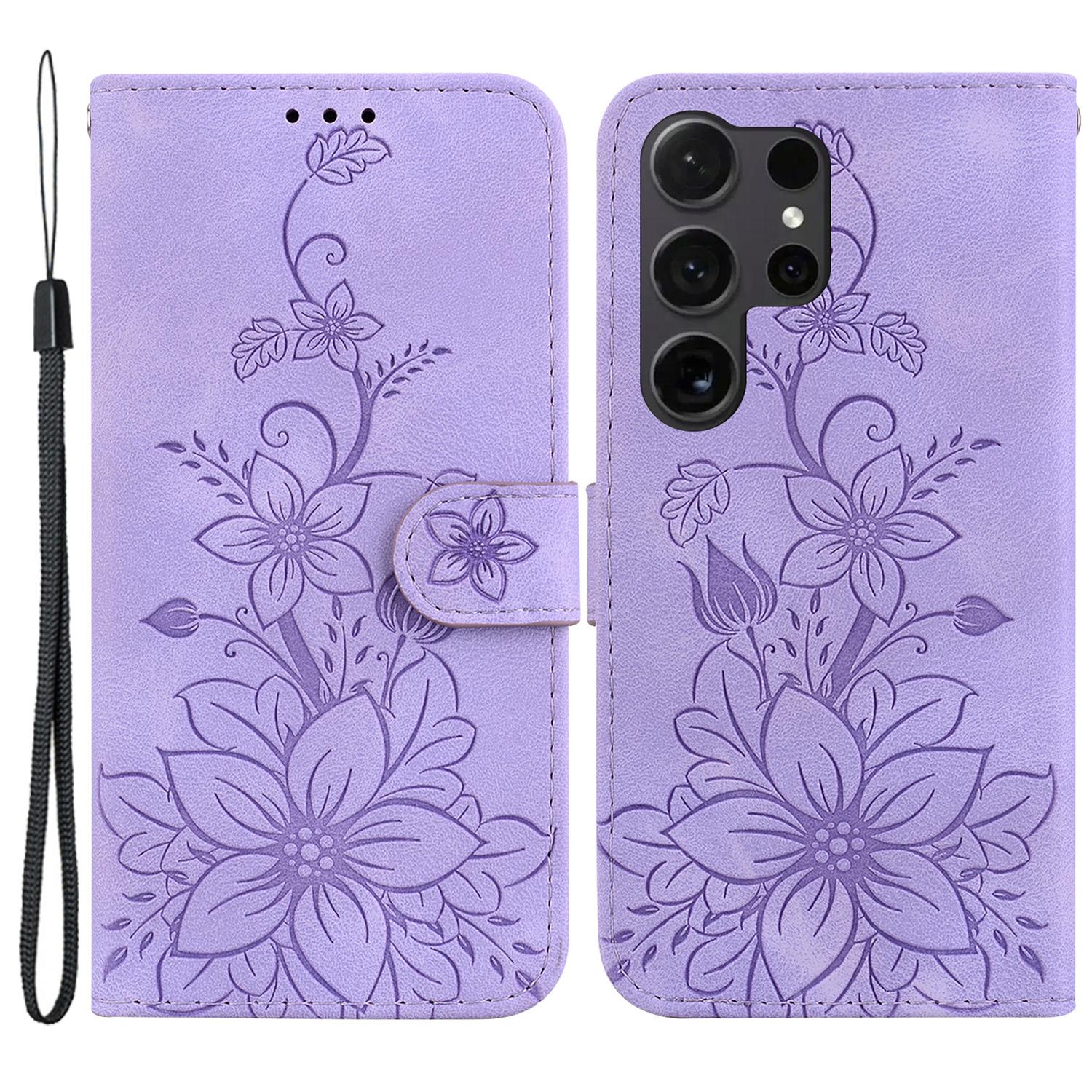 

For Samsung Galaxy S24 Ultra Case Flower Imprint Leather Anti-drop Mobile Phone Cover Purple
