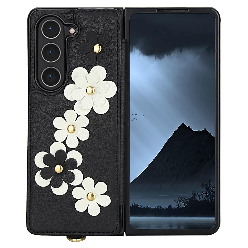 For Samsung Galaxy Z Fold5 5G Case Card Slots Leather Coated TPU Flower Phone Cover with 2 Straps