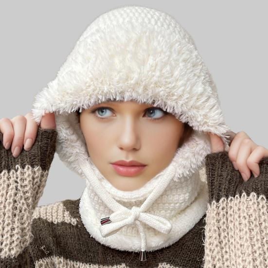 Outdoor Headgear Solid Color Plush Trim Windproof Warm Face Guard Scarf Hat Skiing Hiking Biking Winter