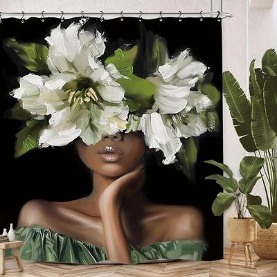 African American Olive Green Shower Curtain Black Girl Flower Oil Painting Art Bathroom Accessories Decoration with 12 Hooks