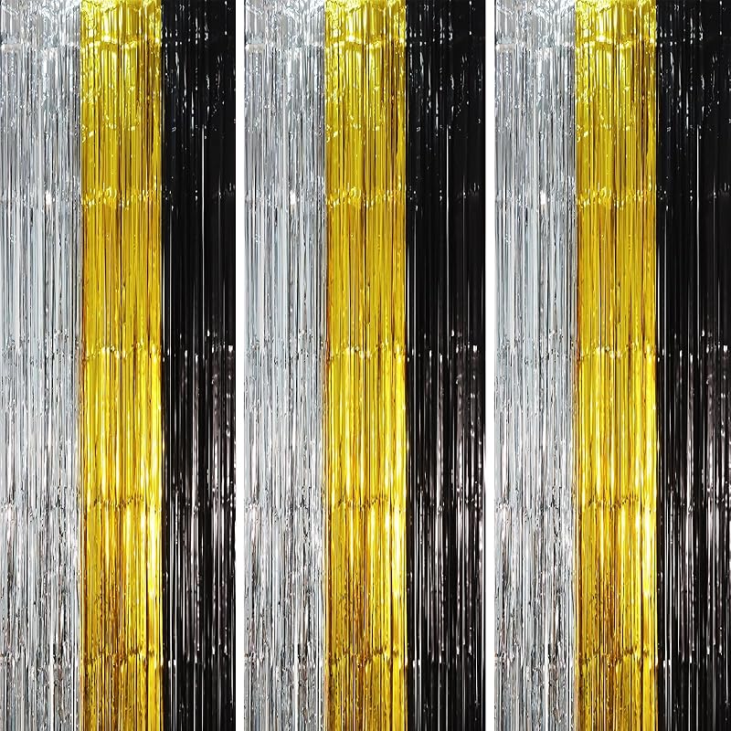 3 Pack 3.3x8.2 Feet Gold Foil Fringe Backdrop Curtains, Tinsel Streamers, Fringe Backdrop for 2025 New Years Eve, Graduation, Birthday, Baby Shower,