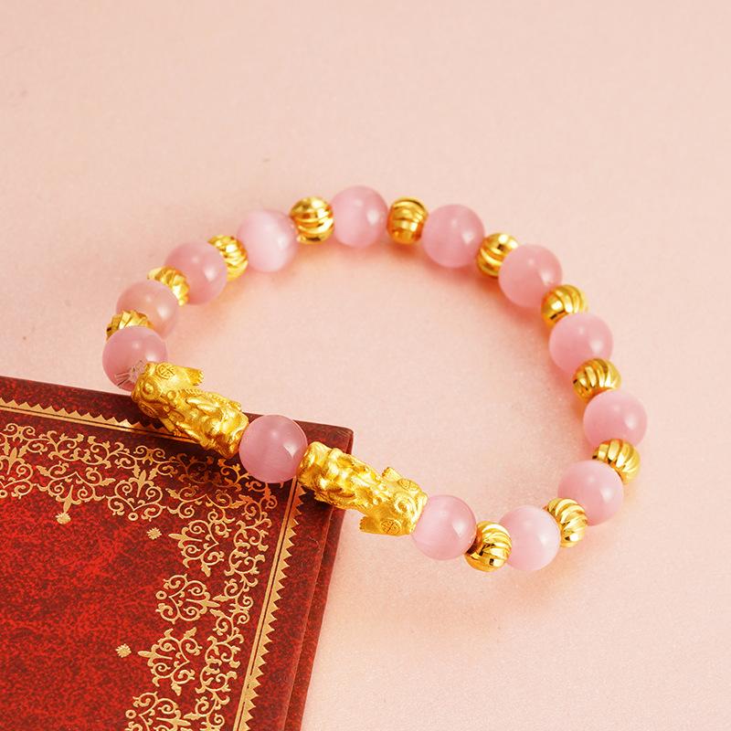 Gold Sand Double Pixiu Imitation Agate Chalcedony Bracelet for Women New Transformation & Fortune Bead Jade Imitation Garnet Bracelet