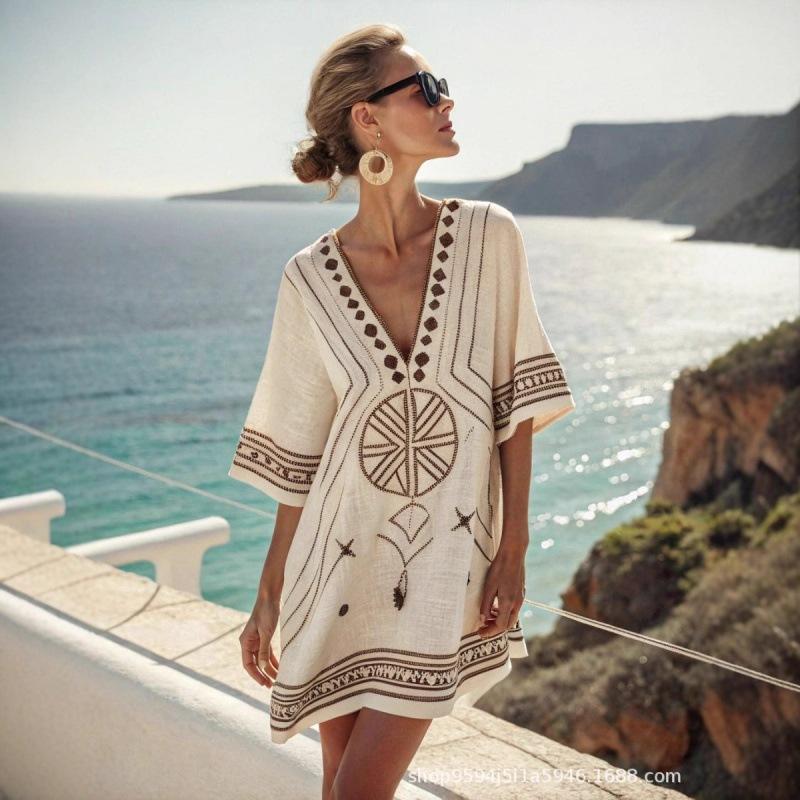 2026 women's V-neck dress seaside vacation 3D printing loose skirt beach