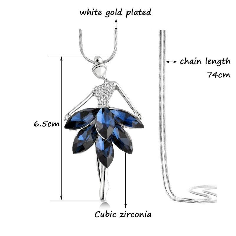 Elegant Charm Dancer Cubic Zirconia Blue White Color Dress Pendant Long Necklace For Women Retro Fashion Jewelry