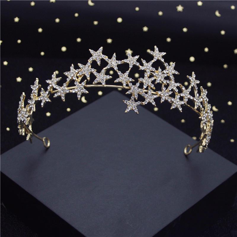 Fashion Baroque Metal Stars Rhinestone Crown Tiaras for Bride Headdress Queen Prom Bridal Diadem Wedding Hair Jewelry Girls