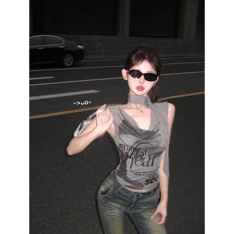 

Summer Slim-Fit Ruffled Strap Top with a Stylish Design, Slimming Short White Printed Sleeveless Tank Top T-Shirt for Women Gray M