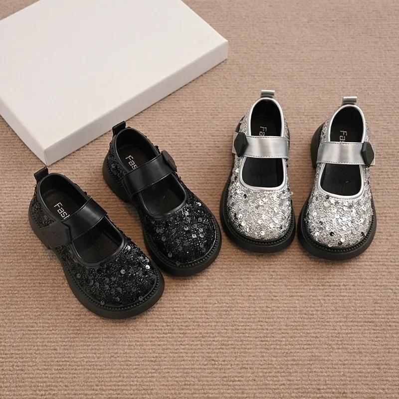 Girls Princess Shoes with Shiny Sequin Kids Leather Shoes Round Toes Hook&loop 2025 New Fashion Children Flat Shoes Non-slip