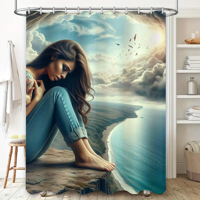 Dreamy Woman On Cliffside Shower Curtain - Waterproof, Mildew-Resistant, Machine Washable For Serene Bathroom Decor