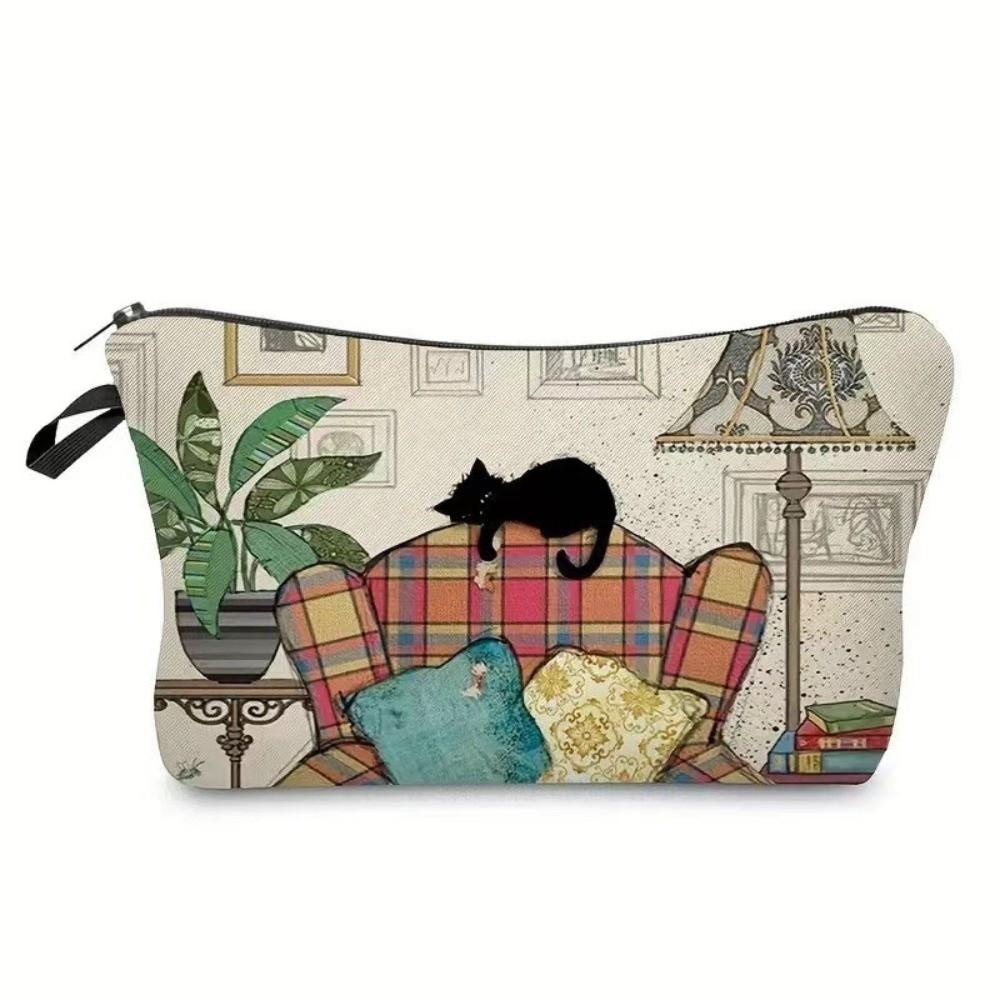 Cute Black Cat Print Cosmetic Bag Large Capacity Polyester Makeup Organizer Portable with Zipper Tarvel Storage Bag