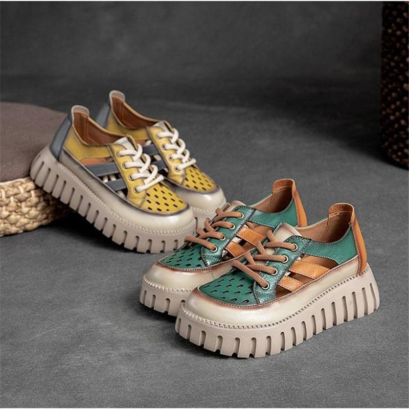 Thick Sole Mixed Colors Genuine Leather Retro Sandals Roman Style Lace-up Women's Flat Platform Shoes
