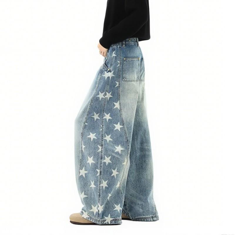 American Fashion Brand Five-star Printed Machete Jeans Women's Trend Oversize Loose Wide-leg Denim Pants