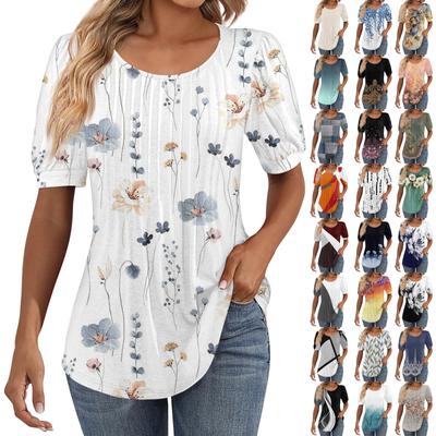 Women's Puff Short Sleeve Tunic Tops Pleated Neck Blouses Casual Loose Spring And Summer T-Shirts