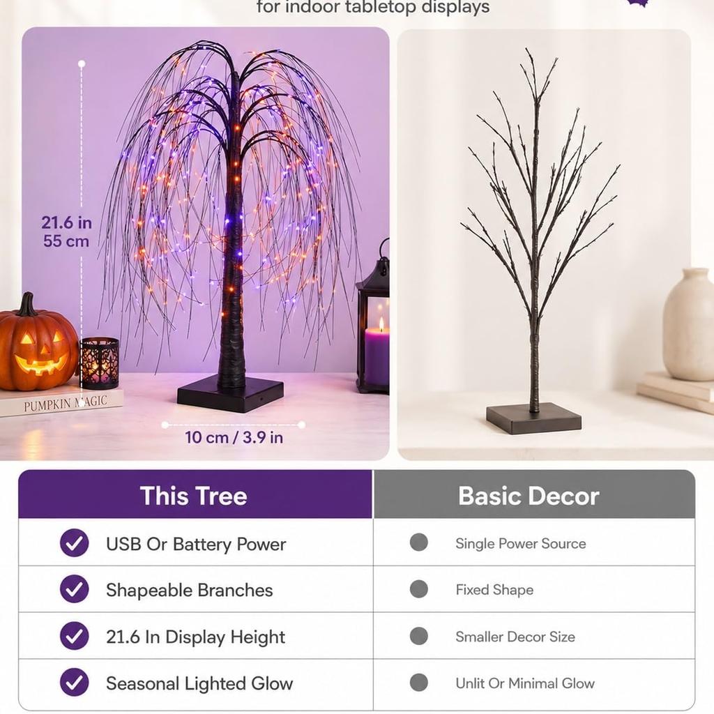Artificial PVC Spooky Halloween Tree Light Decorations Willow-Shaped Decor USB Plug Battery Operation Tabletop Indoor for Mantel Fireplace Kitchen