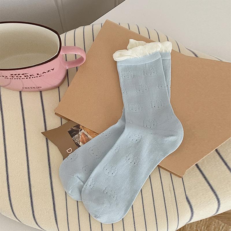 

Женские летние тонкие милые ажурные цветные носки-гольфы из хлопка 1 pair светло-синий