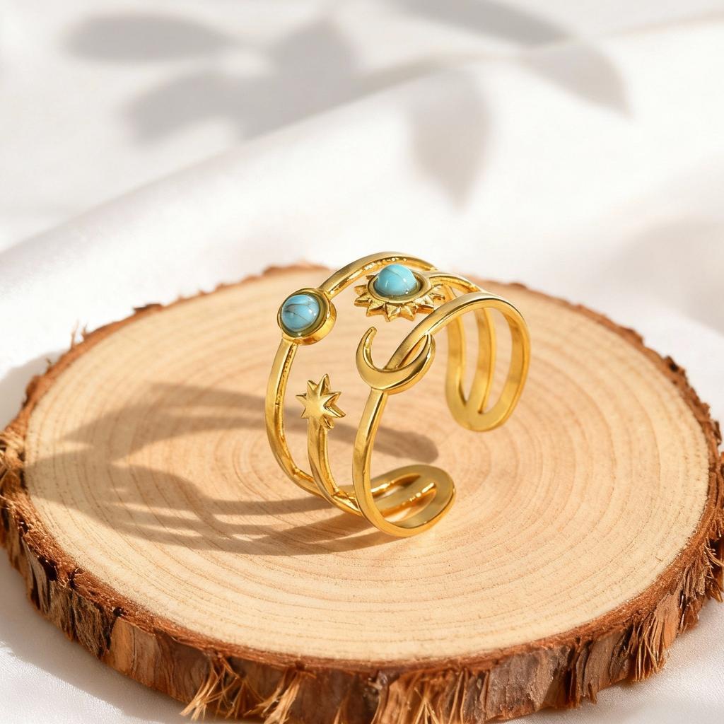 Fashion Charm Turquoise Star And Moon Ring for Women Stainless Steel Three-Layer Opening Rings Wide Finger Jewelry Gift