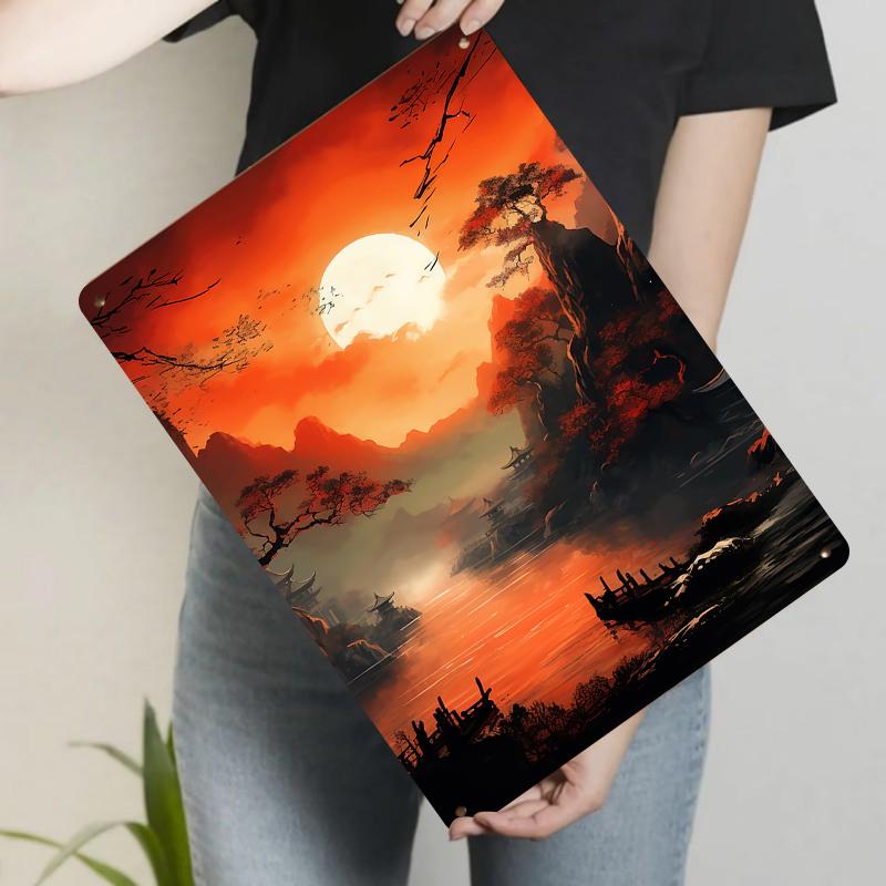 

Chinese Style Landscape Sunset Iron Painting Metal Wall Art Home Decor for Living Room Study 20x30cm（7.8x11.8inch）