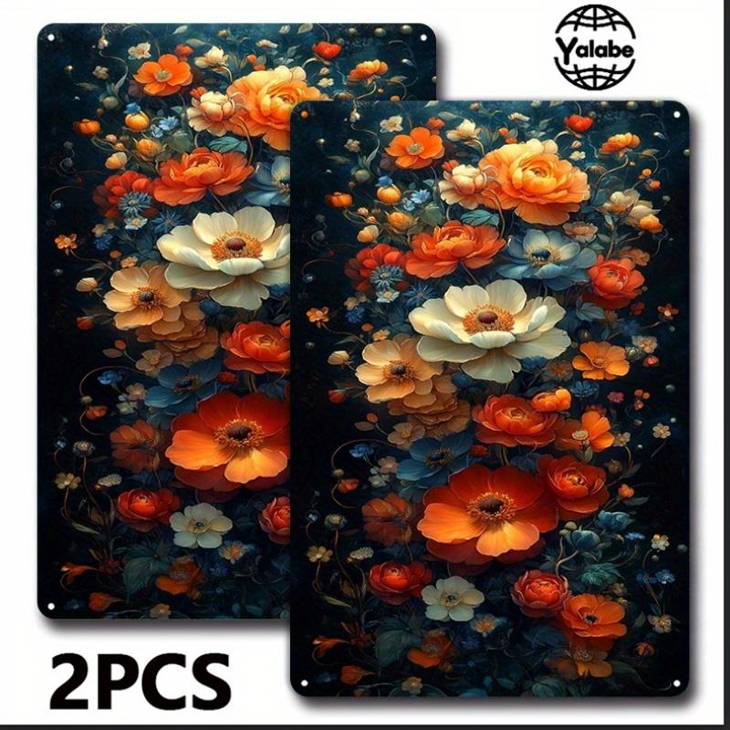 [2D Flat] Two Vintage Floral Tin Artworks Showcasing Bright Flowers On a Dark Background, Ideal for Beautifying The Interiors of