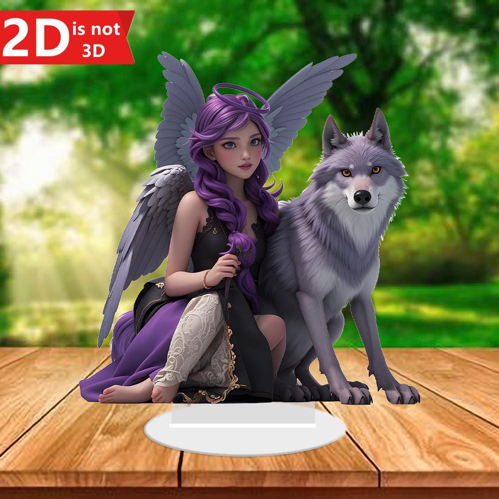 

2D goddess & wolf acrylic desktop plaque. Vibrant decor for home/office, perfect gift for friends. чистый