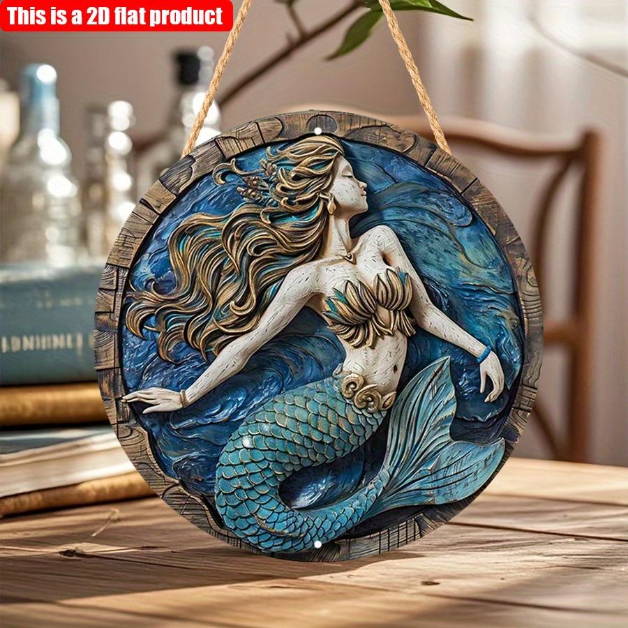 2D Flat 20*20cm1pc Cartoon blue mermaid pattern Round Pendant, Blue Beautiful Dreamy Style Art plaque, Suitable for Bar&corridor&Girl bedroom&window