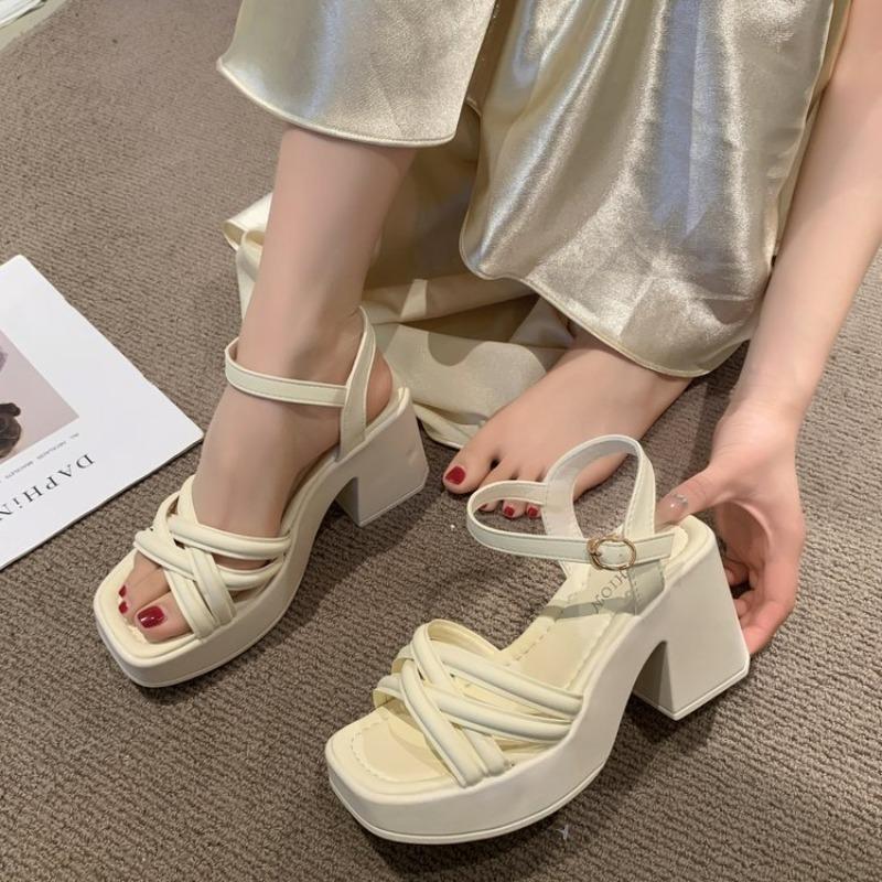 Buckle square head platform sandals summer new square heel open toe cross with high heel sandals women