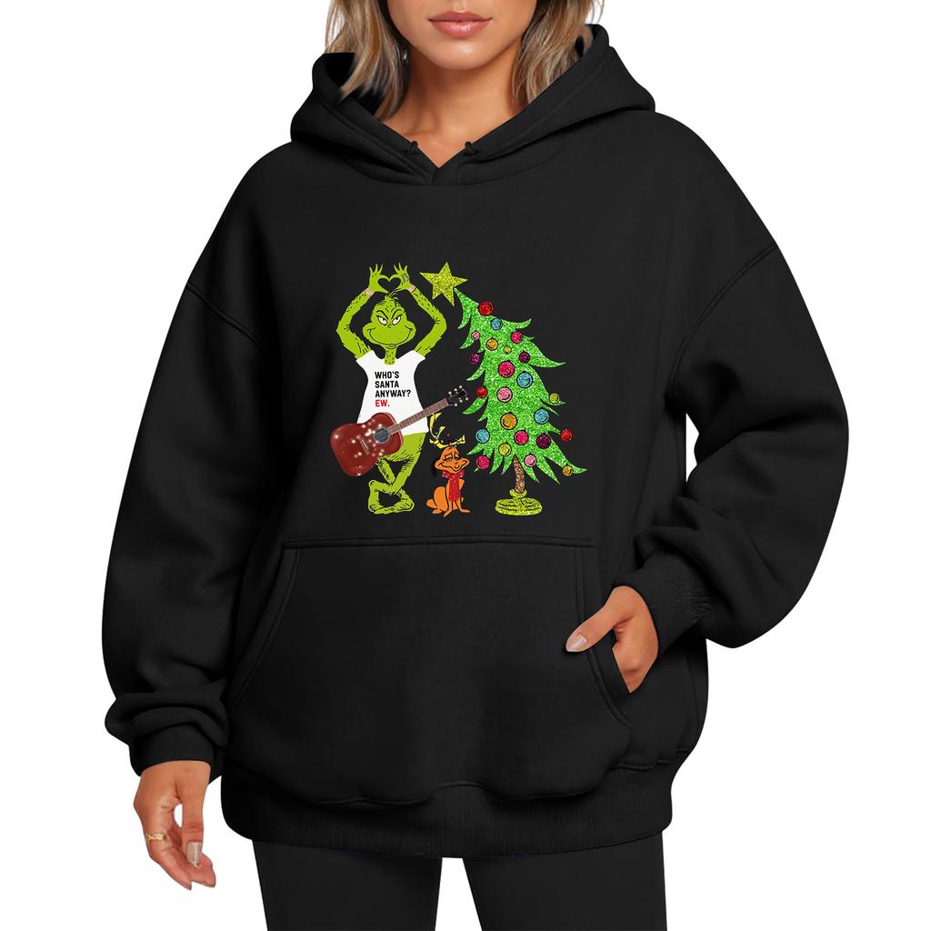 Ladies' Christmas Style Printed Hoodie With Wool And Pockets For Women