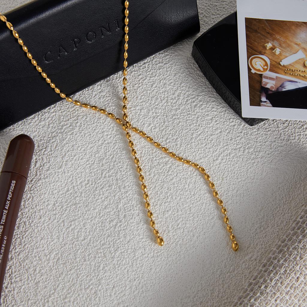 Yori Stainless Steel Rice Bead Tassel Y Chain Necklace for Women Rust Proof Metal High Quality Trendy Jewelry